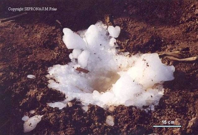 Megacríometeoro caído en Soria el 27 de enero del 2002. Figura 1.- Megacríometeoro caído en Soria el 27 de enero del 2002. Peso aproximado 18 kg. Actualmente constituye el bloque de hielo de mayor tamaño recogido y verificado de los caídos en España. Produjo un cráter de 40 cm de diámetro y 7 cm de profundidad.