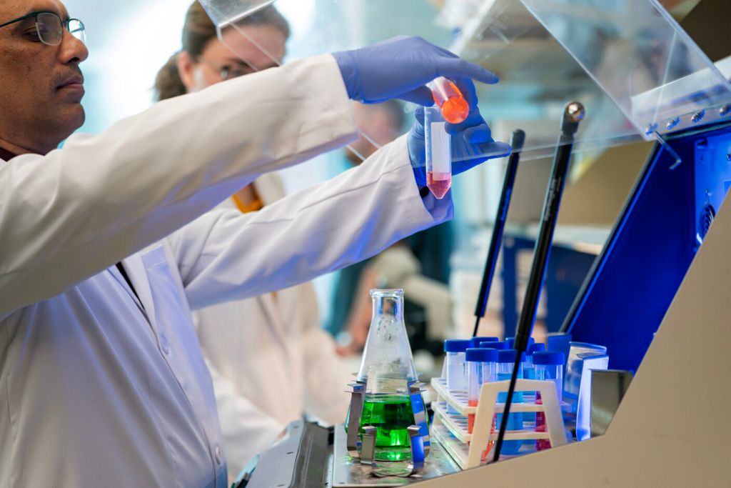 Imágenes del laboratorio de Shetty, donde dos estudiantes mezclan dos soluciones en una centrífuga. En el laboratorio de Shetty, los investigadores desarrollan un innovador aerosol nasal dirigido a combatir el envejecimiento cerebral.Crédito: División de Marketing y Comunicaciones de la Universidad Texas A&M