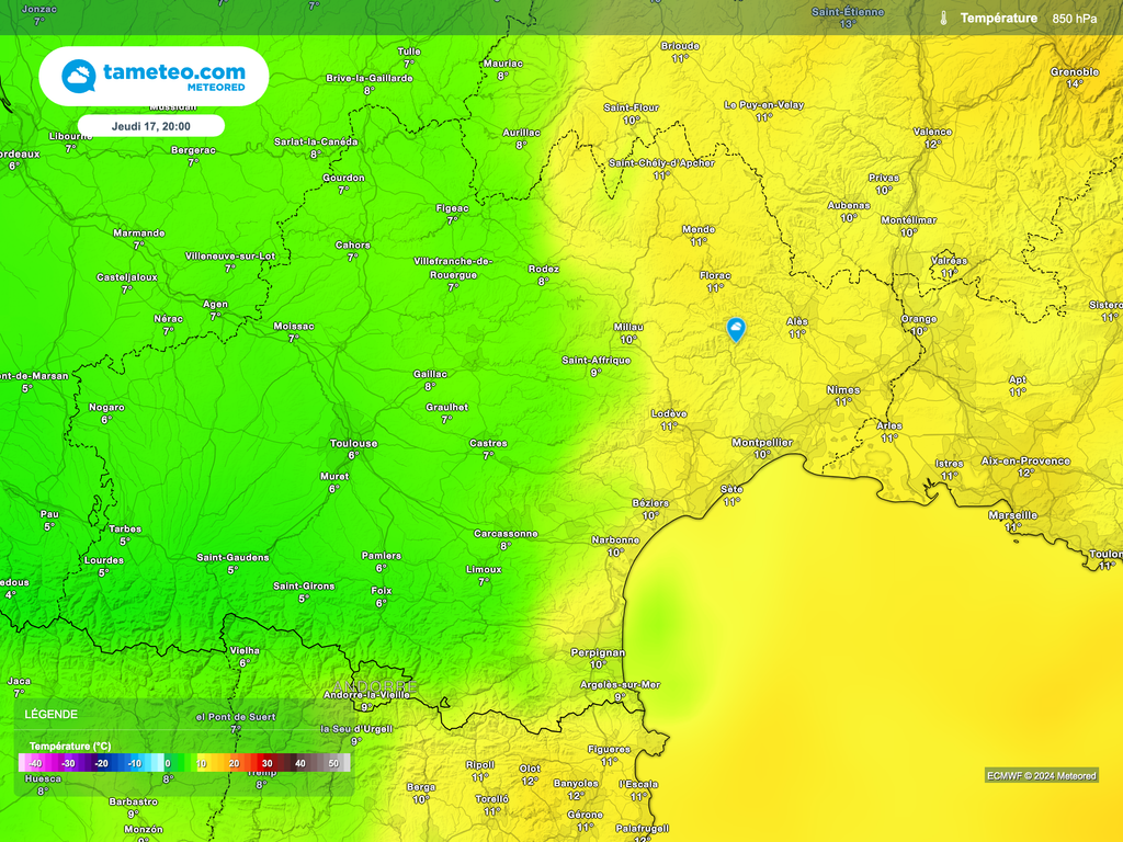 Contraste thermique entre l'ouest et l'est d'ici le milieu de semaine, favorisant la mise en place d'un épisode cévenol. Contraste thermique entre l'ouest et l'est d'ici le milieu de semaine, favorisant la mise en place d'un épisode cévenol.