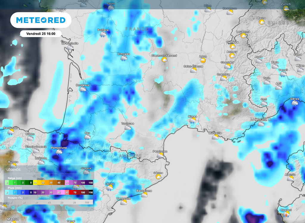 Les pluies seront présentes sur toute la moitié sud mais c'est surtout vers le sud-est que les plus fortes intempéries sont attendues. Les pluies seront présentes sur toute la moitié sud mais c'est surtout vers le sud-est que les plus fortes intempéries sont attendues.