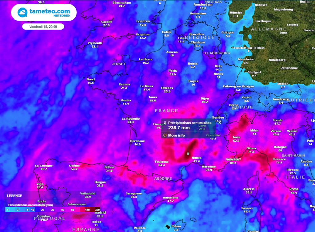 Le modèle à mailles larges ECMWF prévoit plus de 200 mm de pluie sur le relief cévenol. Le modèle à mailles larges ECMWF prévoit plus de 200 mm de pluie sur le relief cévenol.