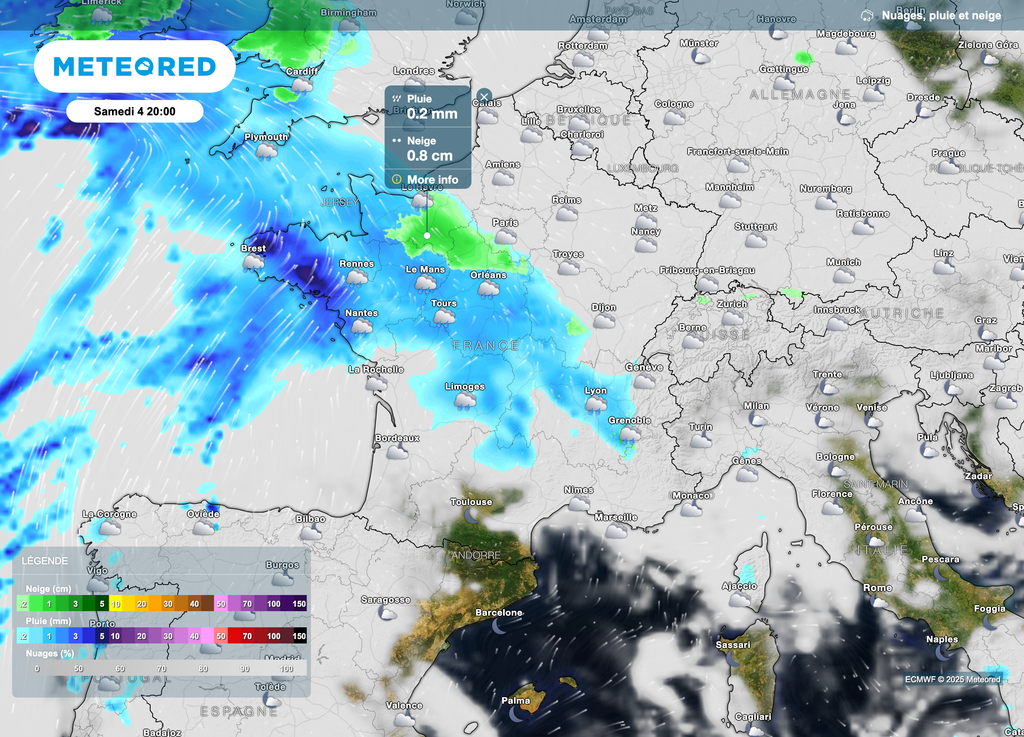En début de soirée, le risque de neige et de verglas sera présent vers la Normandie et sur le nord de la région Centre-Val-de-Loire.