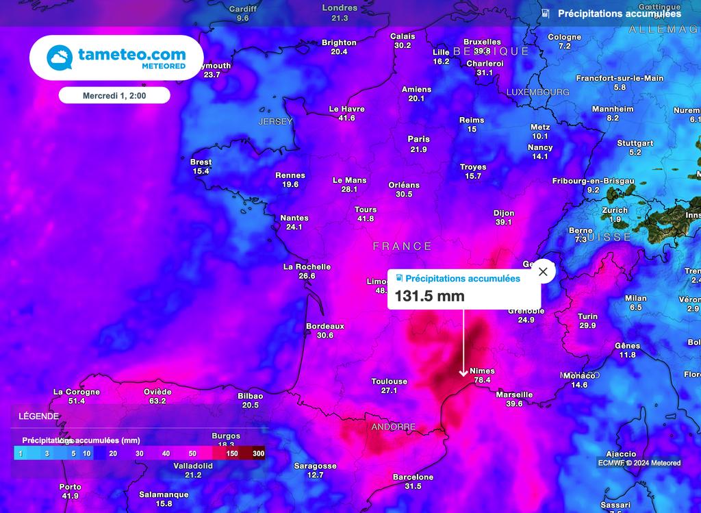 Un large quart sud-est connaîtra beaucoup de passages pluvieux jusqu'en milieu de semaine prochaine au moins.