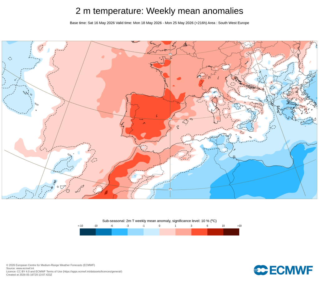 Anomalías semanales de temperatura para el periodo 18-24 de mayo de 2026: anomalías cálidas en escala de rojos y frías en escala de azules. ECMWF
