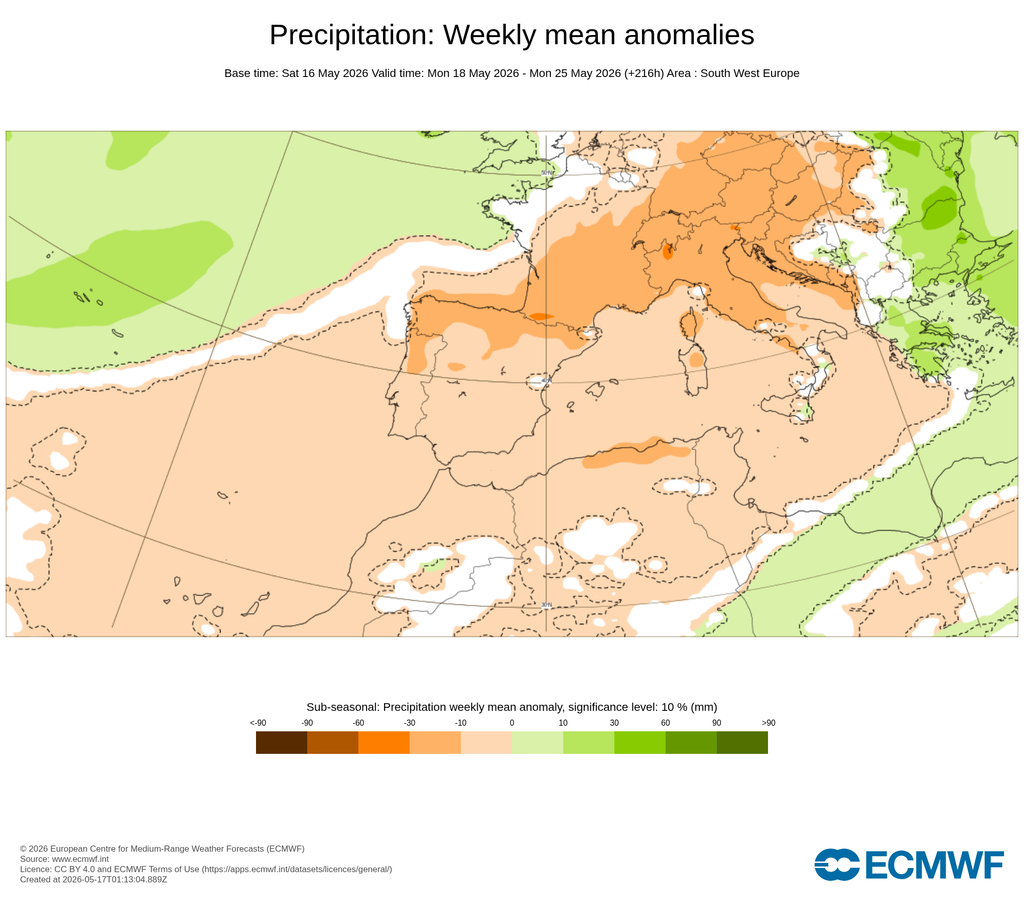 Ídem que el caso anterior pero para la precipitación y para la misma semana: por debajo de lo normal en escala de naranjas y por encima de lo normal en verdes. ECMWF