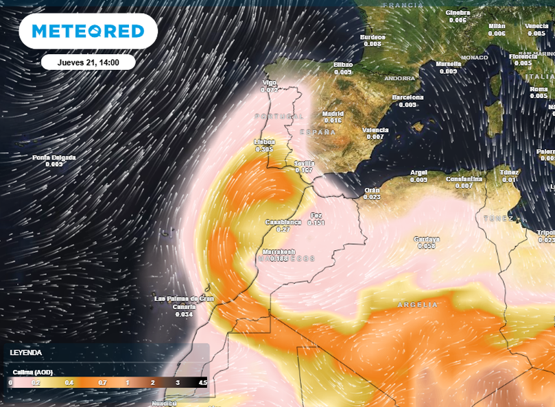 Calima prevista para el 21 de mayo de 2026 sobre las 14 h.o.p, y según escal de colores. Tiempo.com