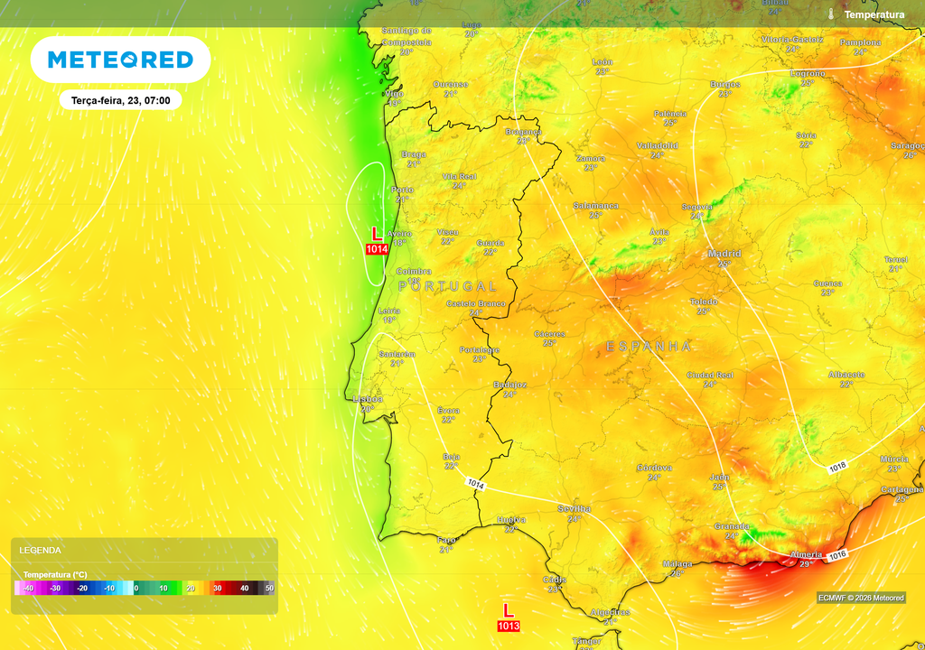 Temperatura mínima prevista para terça-feira, 23 de junho, às 07h As temperaturas mínimas deverão manter-se elevadas durante a madrugada, sobretudo no interior Norte.