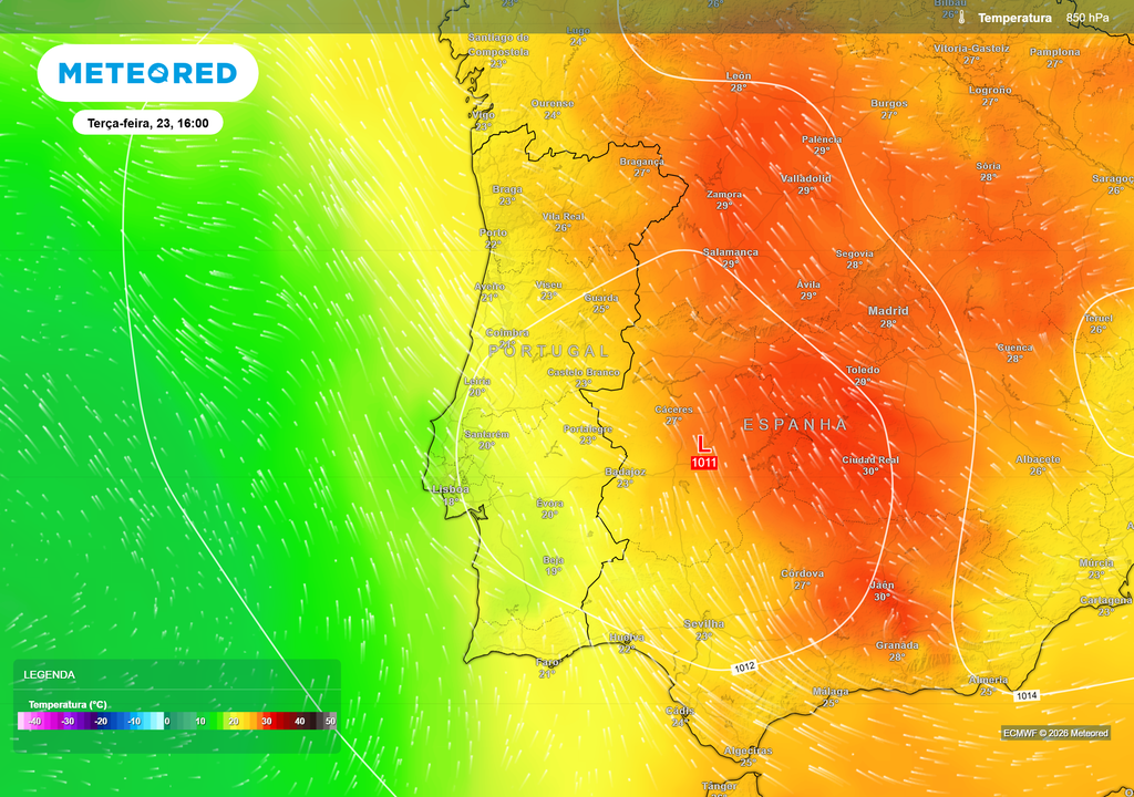 Temperatura a 850 hPa prevista para terça-feira, 23 de junho, às 16h Uma massa de ar muito quente continuará a dominar o estado do tempo em Portugal continental.
