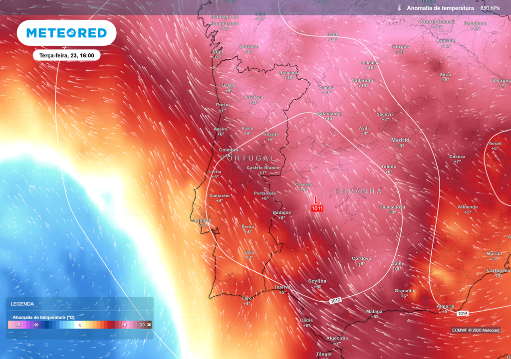 Anomalia da temperatura a 850 hPa prevista para terça-feira, 23 de junho, às 16h As temperaturas deverão permanecer muito acima da média climatológica para esta época do ano.