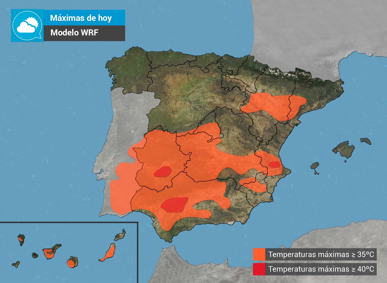 Las temperaturas máximas más altas previstas por el modelo WRF. Grafismo de Tiempo.com.