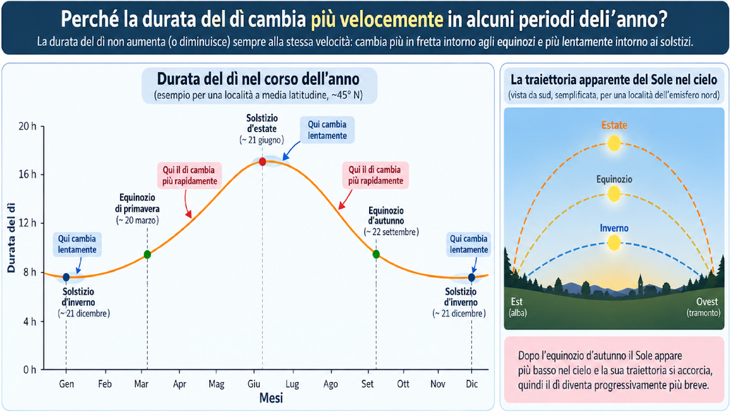 Stagioni Esemplificazione del percorso apparente del Sole sopra l'orizzonte nelle diverse stagioni.