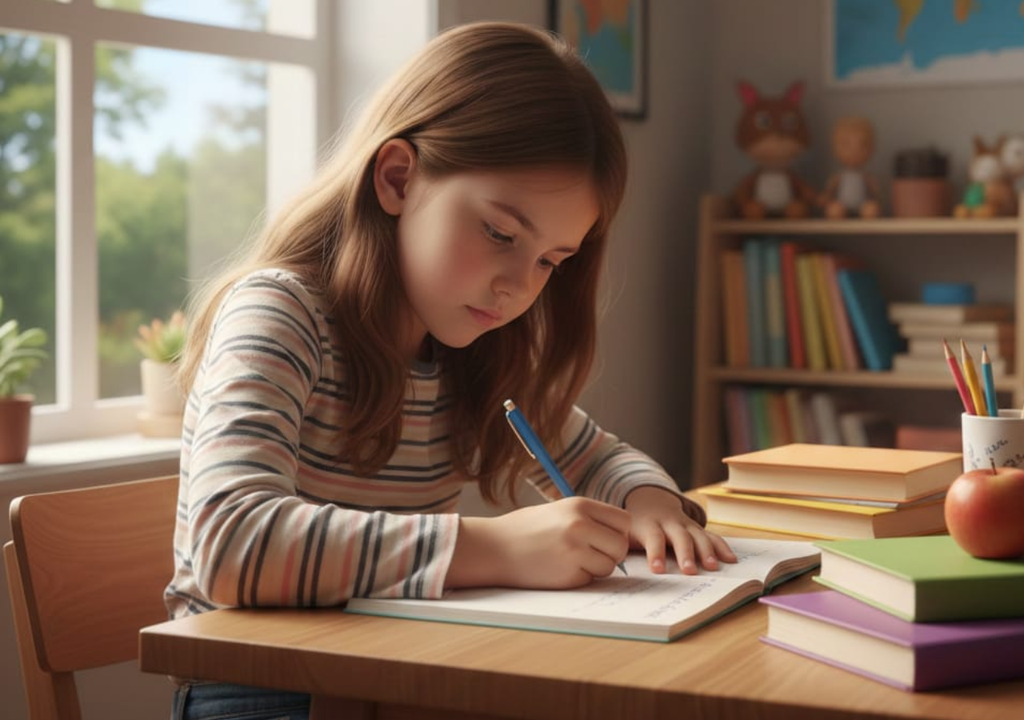 Imagem criada pelo Gemini com as instruções “crie uma imagem de uma menina escrevendo”.