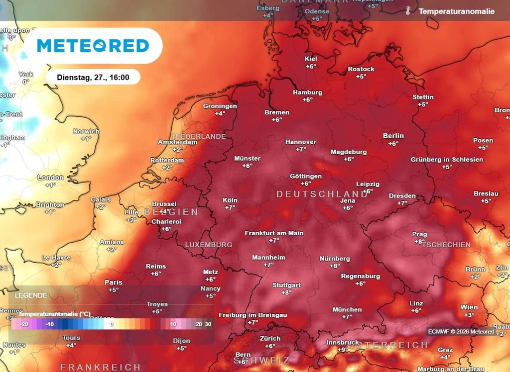 dienstag, wärmeschub, wetter Am Dienstag kommt es zu einem markanten Wärmevorstoß in Deutschland. Die Temperaturanomalie schießt in die Höhe.