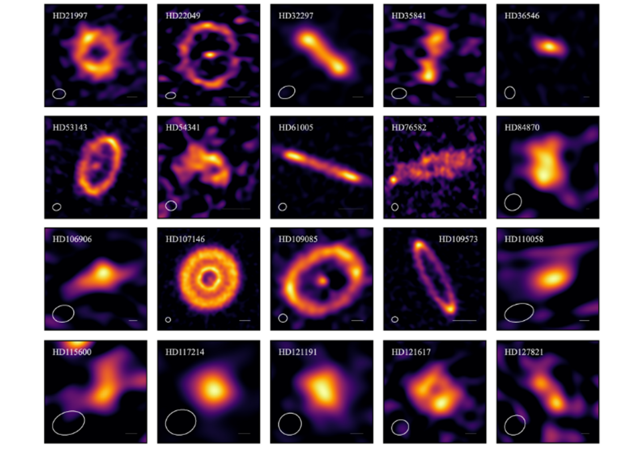 Millimeter-Kontinuum-Bilder für die REASONS-Probe von 74 Gürteln. Bild: Matrà et al., 2025