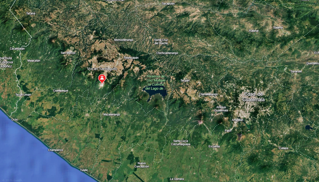 El volcán Santiaguito se ubica a unos 110 km al oeste de la Ciudad de Guatemala. Crédito: Google Earth.