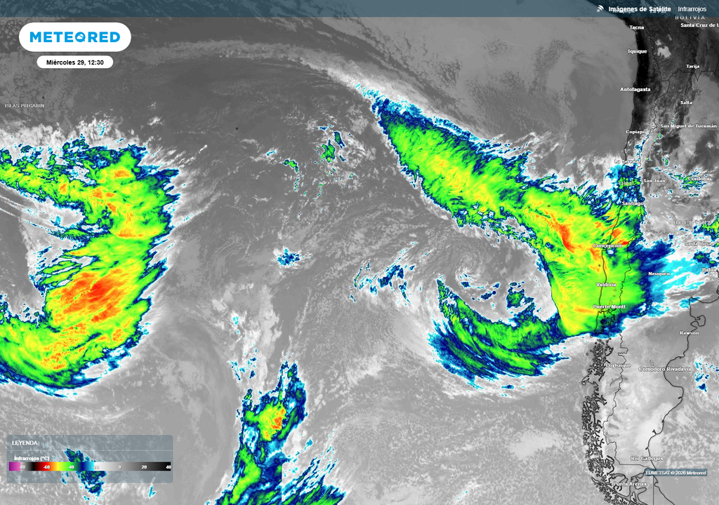 imagen satélite. Extensas bandas nubosas avanzan desde el Pacífico asociadas a profundos sistemas de baja presión, favoreciendo el ingreso sucesivo de lluvias y fuertes vientos sobre Chile.