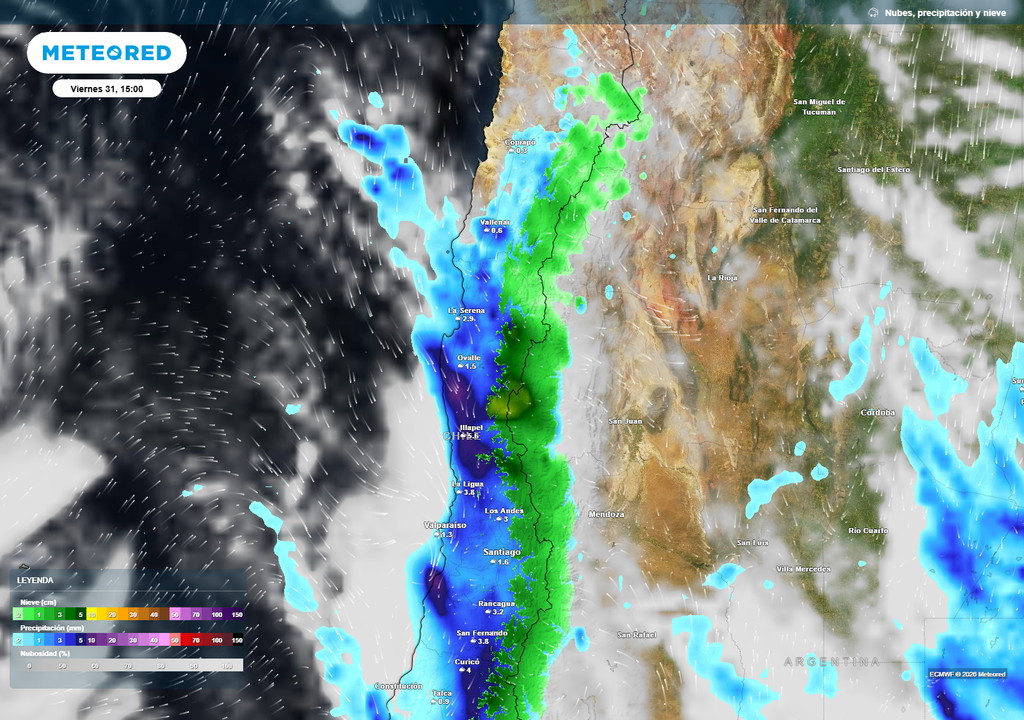 Durante el viernes, las precipitaciones se extenderán desde el centro-sur hasta la Región de Coquimbo e incluso parte de Atacama, mientras la cordillera recibirá nuevas nevadas.