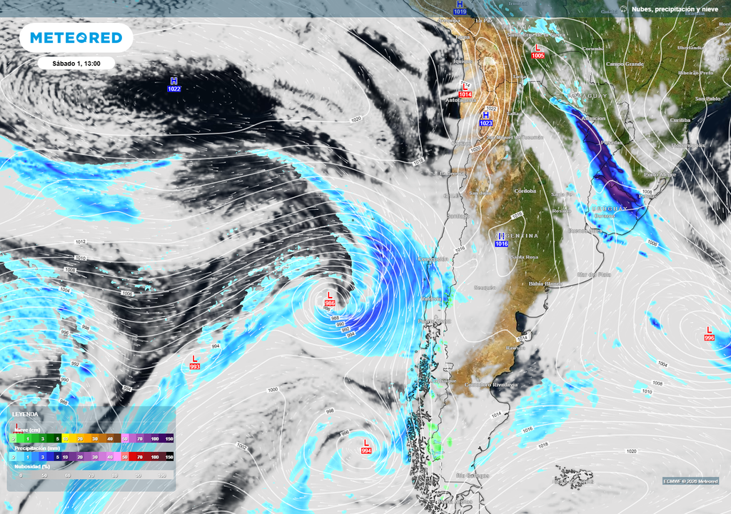 mapa de precipitaciones. Segundo sistema frontal llega el sábado 1 al centro-sur y sur.