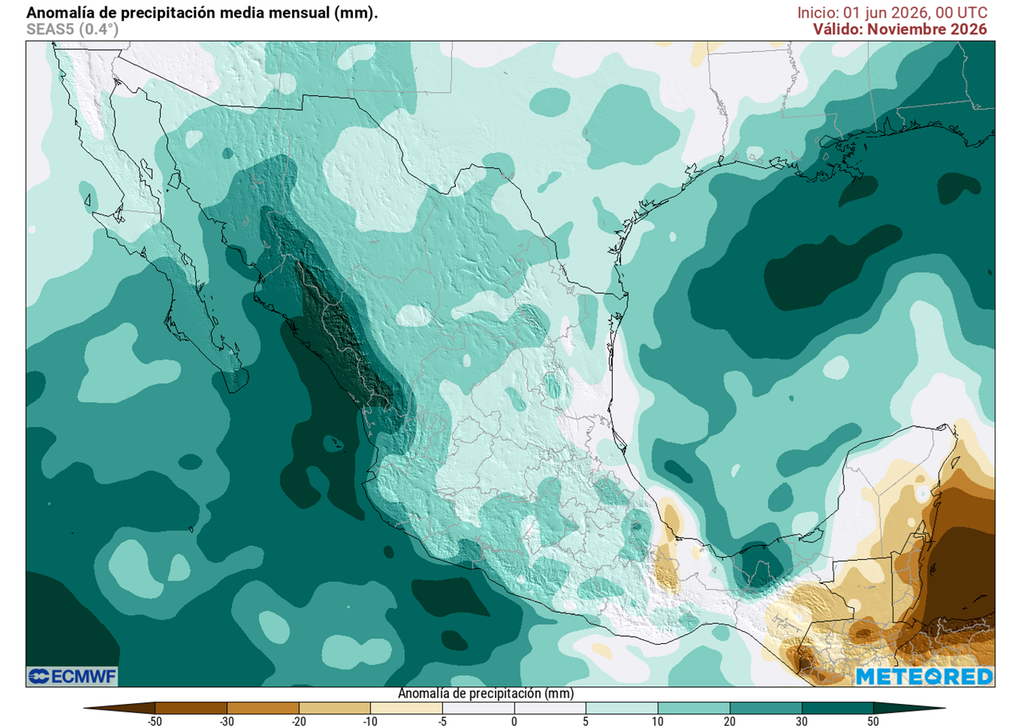 Anomalía de precipitaciones para noviembre de 2026 A finales del verano y otoño-invierno, las condiciones serían más lluviosas en México (excepto sureste) enfriándose el ambiente y con amenaza de ciclones y sistemas invernales importantes.