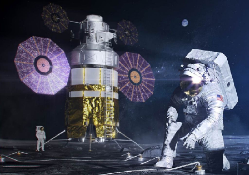 Representación artística de astronautas realizando actividades científicas y de exploración en la superficie lunar. Representación artística de astronautas realizando actividades científicas y de exploración en la superficie lunar.