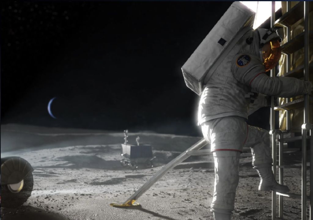 Imagen conceptual del artista de un astronauta Artemisa pisando la superficie lunar. NASA Imagen conceptual del artista de un astronauta Artemisa pisando la superficie lunar. NASA