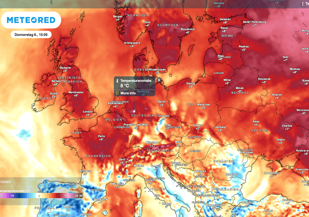 2m Temperatur- Anomalien, Deutschland, Donnerstag Nachmittag