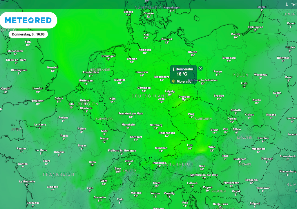 Temperaturen in 850 hPa, Deutschland, Donnerstag, Nachmittag