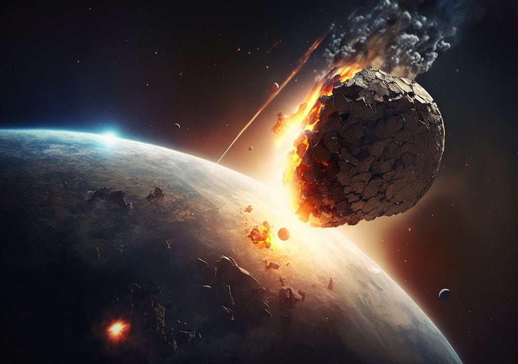 imagen ficticia de un gran asteroide en ruta de colisión con la superficie terrestre