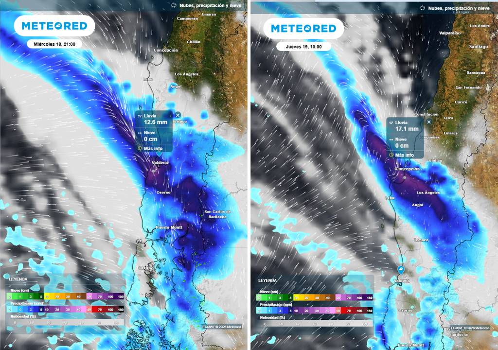 Los alrededores de Valdivia y de Concepción están entre los sectores que tendrán las precipitaciones más intensas durante el avance del sistema frontal por el centro sur del país.