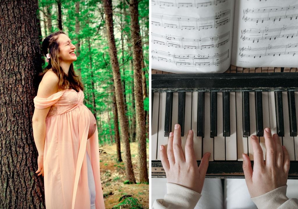 Mujer embarazada junto a un árbol en un bosque, manos de persona tocando piano y partitura.