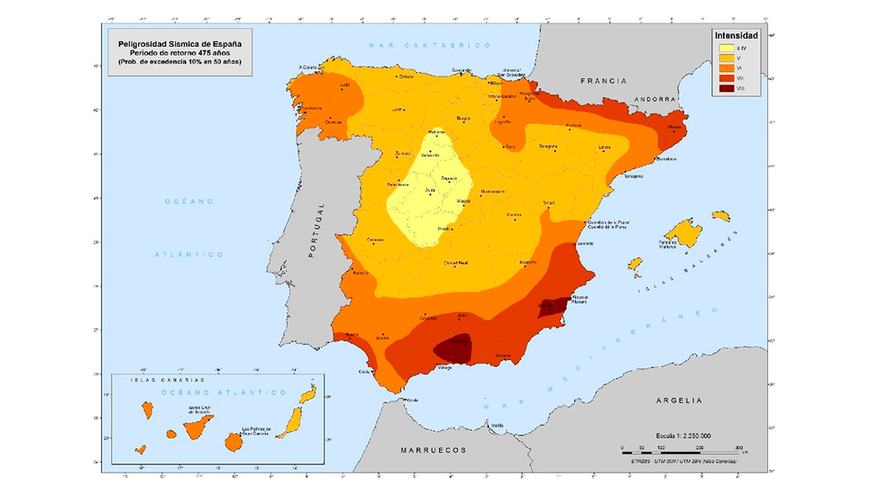 Carte de l’aléa sismique en Espagne, pour une période de retour de 475 ans. Source : IGN.
