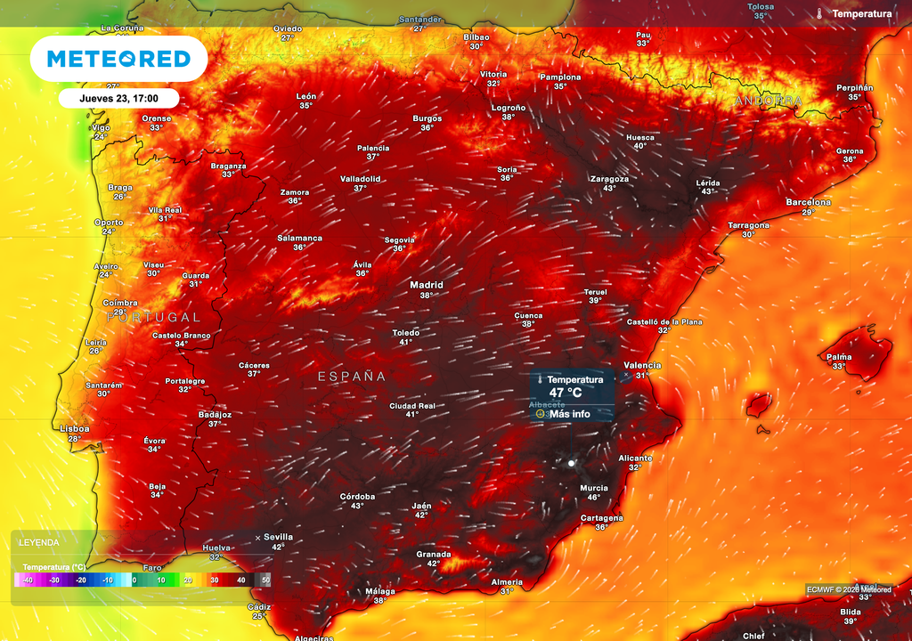 Jeudi sera la journée la plus étouffante de la semaine en Espagne, marquant le pic de cette vague de chaleur. Source : modèle européen. Jeudi sera la journée la plus étouffante de la semaine en Espagne, marquant le pic de cette vague de chaleur. Source : modèle européen.