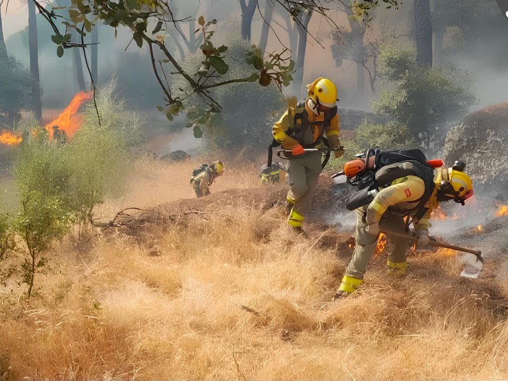 Bomberos trabajando en la extinción del incendio de Villa del Prado. Agencia de Seguridad y Emergencias Madrid 112.