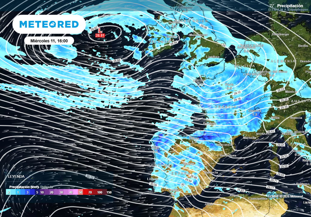 Esta borrasca circulará más al norte que las últimas. Dejará un importante temporal de viento del oeste y precipitaciones en amplias zonas del continente.