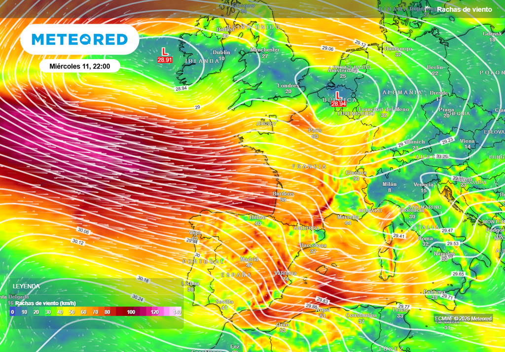 La borrasca de la semana que viene, que presentará varios centros secundarios, se adentrará en el continente europeo, dejando vientos intensos de oeste-noroeste en muchas zonas, incluyendo España.
