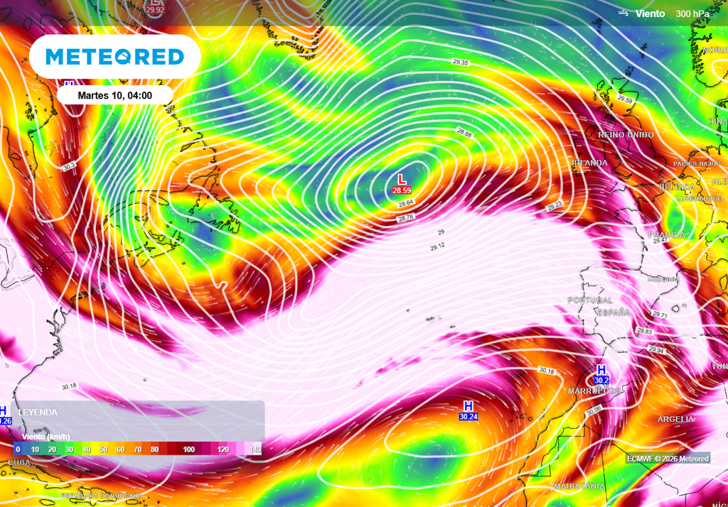 El chorro polar y las borrascas de latitudes medias continuarán discurriendo mucho más al sur de lo habitual, permitiendo que estas depresiones interaccionen con aire subtropical.