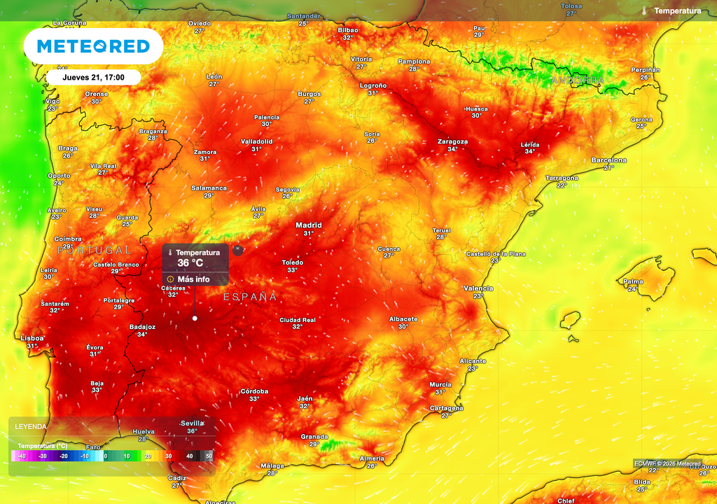 Temperaturas veraniegas previstas por el modelo europeo para las primeras horas de la tarde del jueves en la España peninsular.