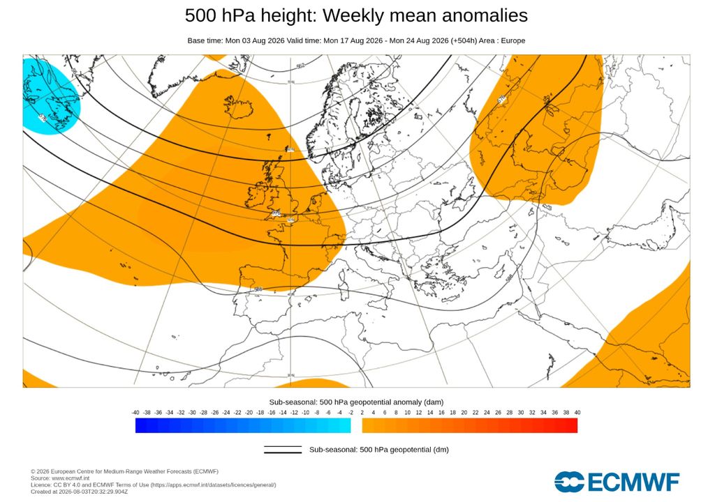 Anomalías semanales de altura geopotencial a 500 hPa previstas por el modelo europeo entre el 17 y el 24 de agosto. La configuración sugiere un chorro polar con pequeñas ondulaciones sobre el sur de Europa. Fuente: ECMWF.