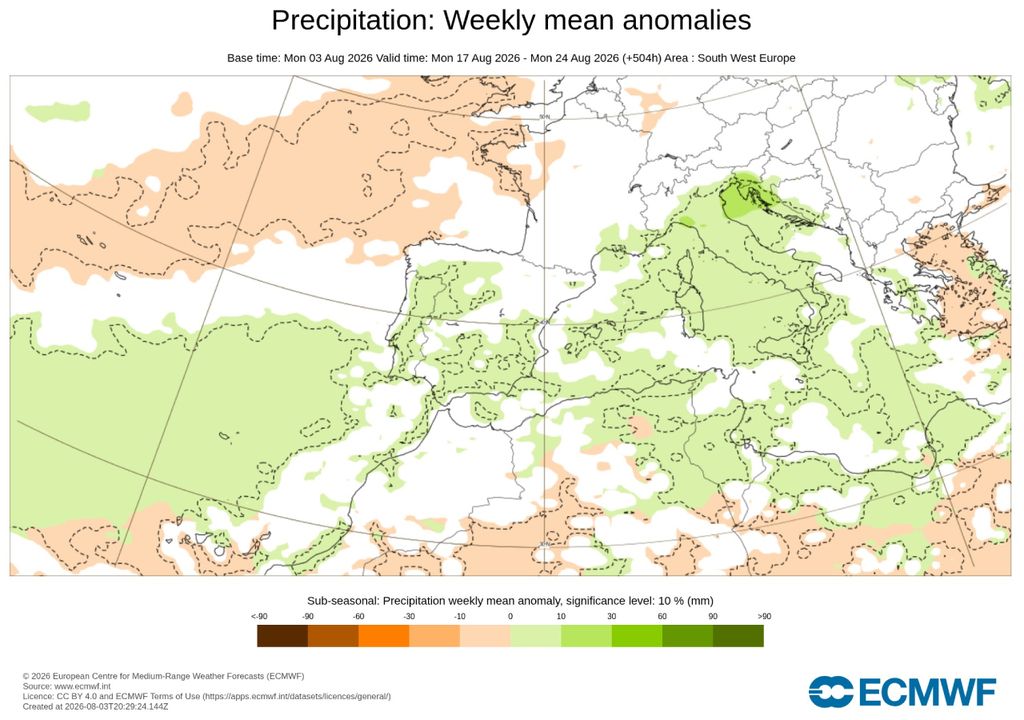 El modelo europeo prevé anomalías positivas de precipitación durante la semana del 17 al 24 de agosto en buena parte de la Península y Baleares. Fuente: ECMWF.
