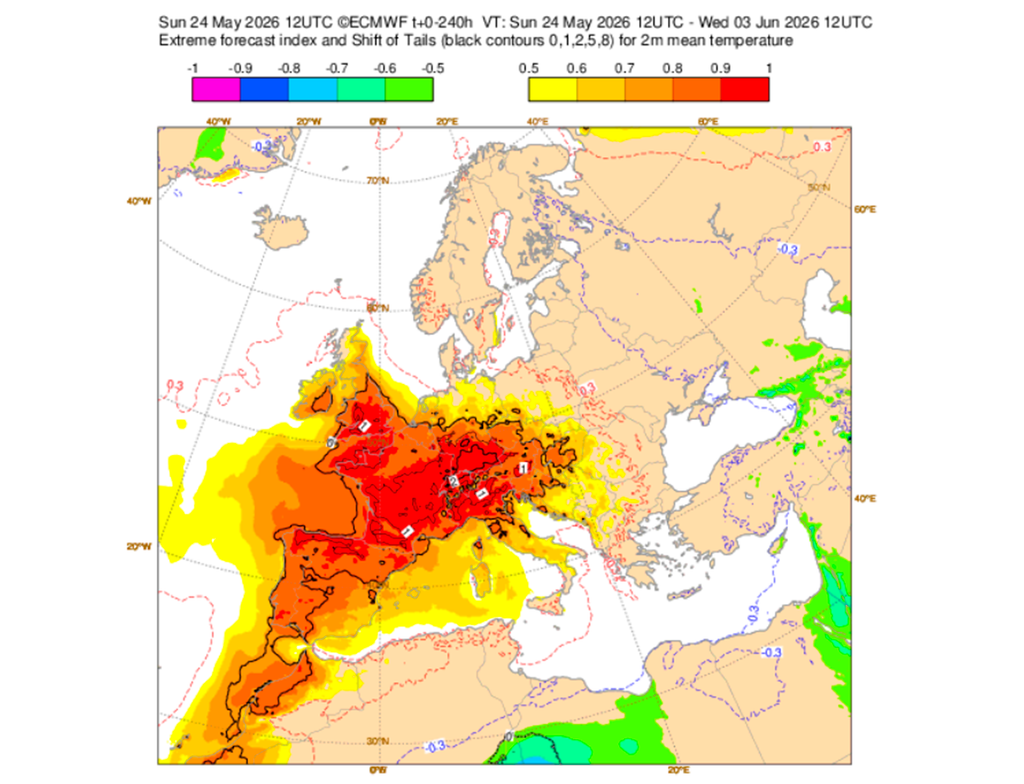 L’indice EFI alerte sur des valeurs très inhabituelles dans une grande partie de l’Espagne au cours des prochains jours, au point qu’il pourrait même être question d’une situation inédite pour la période dans certaines régions du tiers nord du pays. L’indice EFI alerte sur des valeurs très inhabituelles dans une grande partie de l’Espagne au cours des prochains jours, au point qu’il pourrait même être question d’une situation inédite pour la période dans certaines régions du tiers nord du pays.