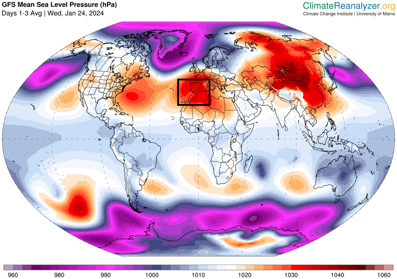 Anomalías medias de presión en superficie para el periodo 24-26 de enero de 2024 según modelo GFS con anomalías de presión positivas en escala de rojos y negativas en escala de azules. Se destacan las altas anomalías sobre amplias zonas de España, en el recuadro. Climate Reanalyzer