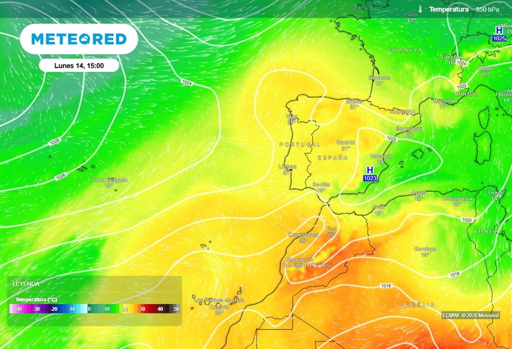 La masa de aire cálida asociada a la cresta sahariana afectará de lleno a la España peninsular y Canarias. Temperaturas previstas a unos 1500 m el lunes 14.