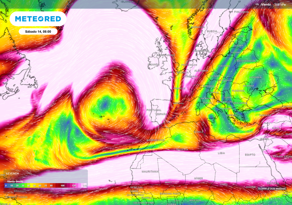 El chorro polar trazará más meandros, haciendo que la primera vaguada alcancé la Península Ibérica a partir del viernes. En la parte inferior del mapa se observa el subtropical.