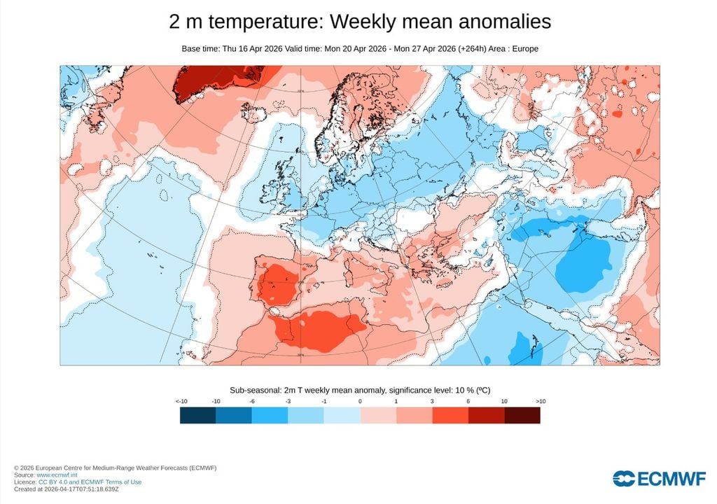 Anomalie termiche previste dal modello europeo tra il 20 e il 27 aprile.