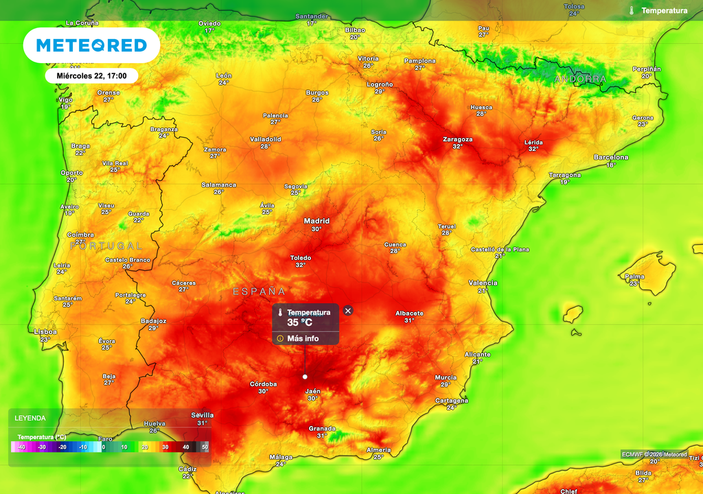 Temperature massime previste per mercoledì prossimo dal modello europeo; i valori varieranno con l’avvicinarsi della data.