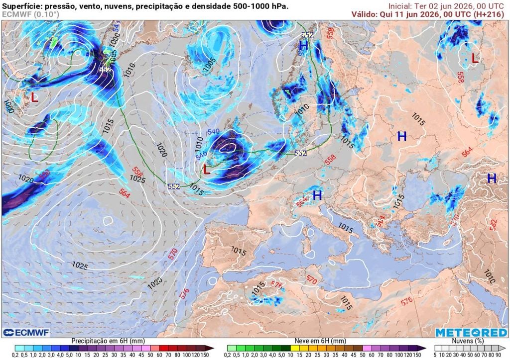 O anticiclone dos Açores, situado a oeste de Portugal continental, será responsável por evitar a ocorrência de precipitação na segunda semana de junho, caso não surjam alterações drásticas na previsão.