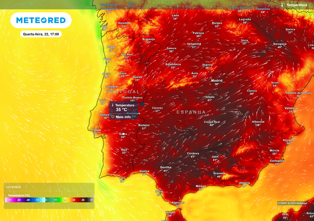 temperatura do ar à superfície Até quarta-feira, dia 22 de julho, os termómetros deverão aumentar de forma gradual e generalizada em Portugal Continental. No entanto, é esperada uma descida igualmente gradual a partir de quinta-feira. O contraste entre litoral e interior poderá manter-se.