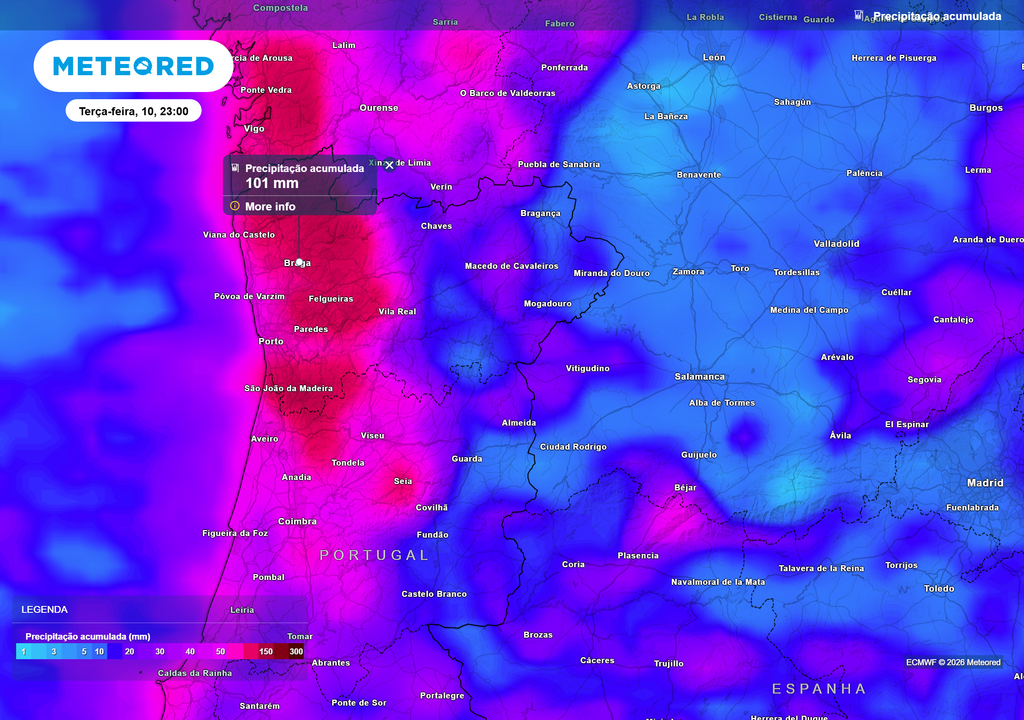 Braga será um dos distritos com maior acumulação de chuva. Os 101 mm aqui apresentados representam os 66 mm de terça-feira, mais os registados ao longo do dia de hoje, segunda-feira.