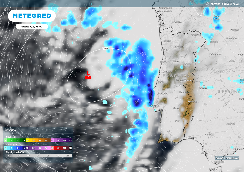 Projeção da depressão atlântica prevista para sábado de manhã, já próxima da costa oeste de Portugal. O sistema deverá trazer chuva ao litoral nas primeiras horas, evoluindo gradualmente para o interior ao longo do dia, com intensificação do vento e precipitação por vezes moderada.
