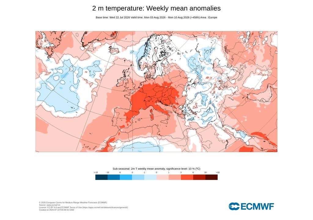 anomalias térmicas entre 3 a 10 de agosto Portugal Continental poderá contar com anomalias térmicas positivas em toda a sua geografia, na semana compreendida entre os dias 3 e 10 de agosto.